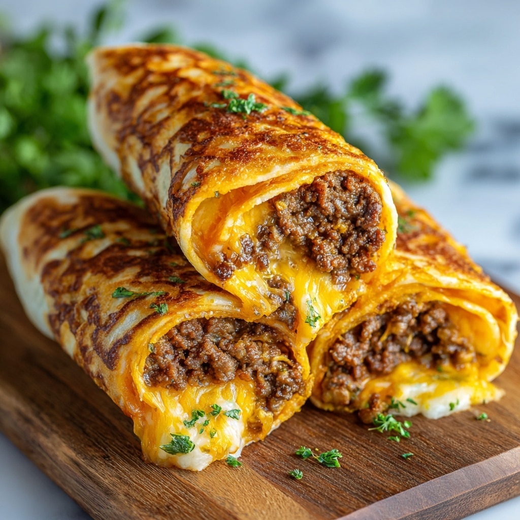The image shows several rolled tacos placed closely on a dark surface with some green chopped herbs scattered around. Each rolled taco has a golden brown, crisp outer shell with some darker toasted patches. Inside the shell, there is a visible layer of melted bright yellow cheese surrounding seasoned ground beef, which appears moist and well-cooked. The tacos are cylindrical and appear tightly packed with the filling, showing a smooth, slightly oily texture on the surface. The background is a white marbled texture. Photo taken with an iphone --ar 4:5 --v 7