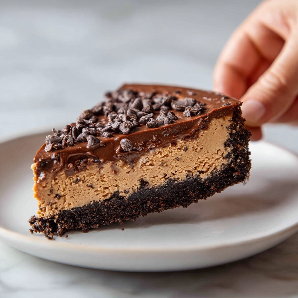 A close-up image of a thick, round dessert slice being lifted from a white plate by a woman's hand. The dessert has three layers: the bottom crust is dark brown and crumbly, the middle layer is light brown and smooth with a slightly cracked surface, and the top layer features scattered dark chocolate chips with a glossy texture. The setting includes a white marbled surface below the plate. photo taken with an iphone --ar 4:5 --v 7