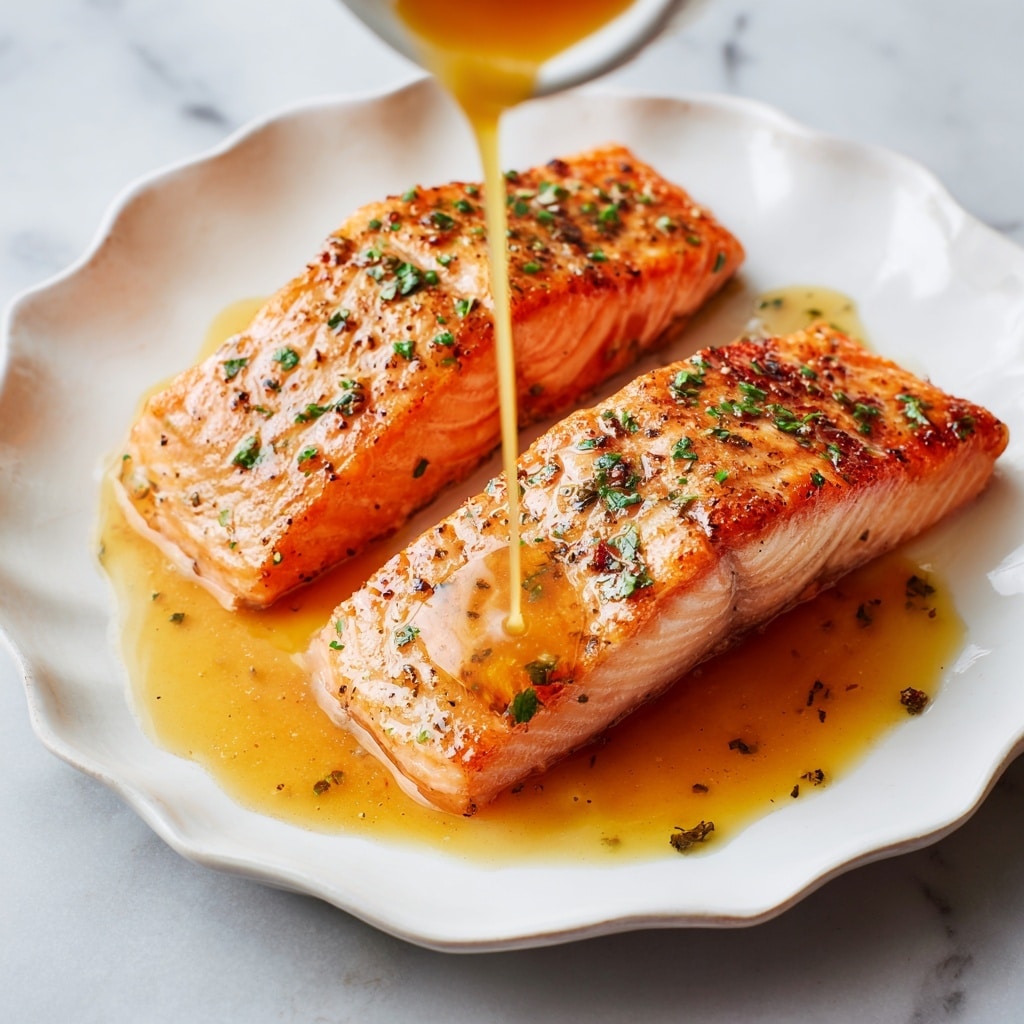 The image shows four raw salmon fillets placed on a white plate with a smooth texture, arranged partly overlapping each other giving a bright orange color with white fat lines. To the right of the plate, on a white marbled surface, there is a clear glass measuring cup filled with melted butter and around it are nine small round glass bowls with different spices and seasonings; the spices include bright red powder, white salt, various shades of brown and green dried herbs, and a beige powder. The spices and butter are laid out neatly in a grid-like pattern, creating a colorful and organized display. Photo taken with an iphone --ar 4:5 --v 7
