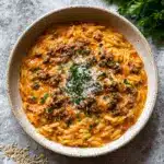 Hearty Ground Beef Orzo with Tomato Cream Sauce Recipe