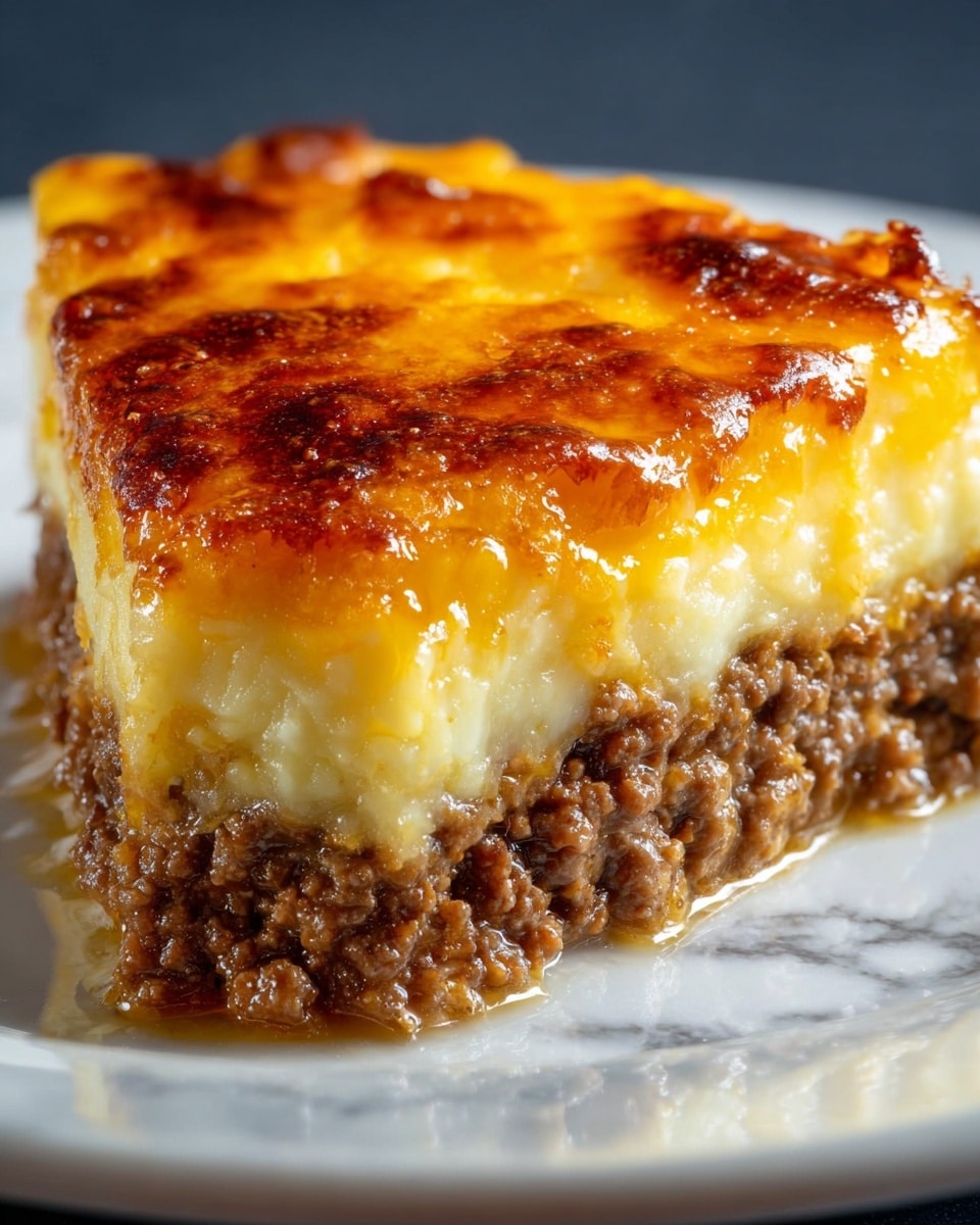 A close-up image of a slice of layered dish on a white plate, showing two main layers: the bottom layer is a thick, crumbly ground meat mixture in brown color with a slightly coarse texture, and the top layer is a smooth, melted layer of bright yellow-orange cheese with a slightly glossy and bubbly surface. The top layer is garnished with small green herbs scattered across the cheese and plate, adding a pop of color. In the background, part of the whole dish is visible on a white plate, slightly blurred. The setting is on a white marbled surface. Photo taken with an iphone --ar 4:5 --v 7