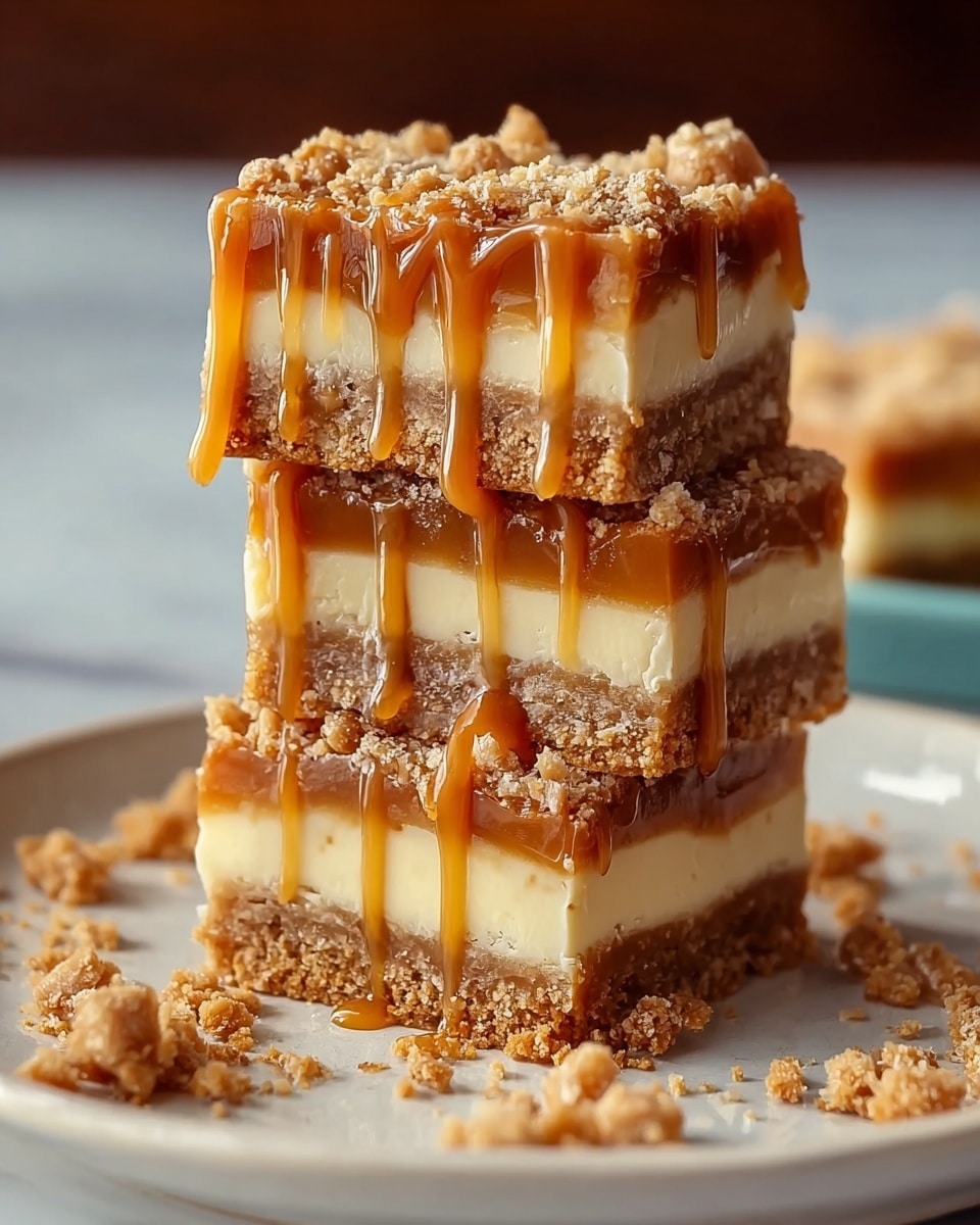 Three square dessert bars are stacked on a white plate with a slightly textured surface. Each bar has three clear layers: a crumbly, light brown base, a smooth light cream middle layer, and a thick caramel-colored top layer. The top layer has more crumbly bits sprinkled over it and caramel sauce dripping down the sides, adding glossy streaks. Crumbs are scattered around the bars on the plate, all set on a white marbled background. Photo taken with an iphone --ar 4:5 --v 7