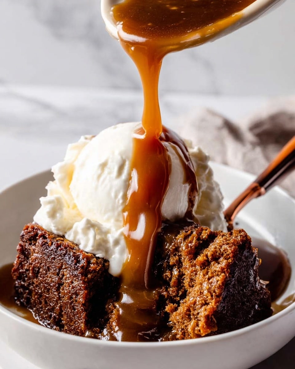 A white bowl holds a rich, dark brown cake with a moist texture, cut into two pieces, one resting on a wooden-handled fork. A thick, smooth caramel sauce is being poured from above onto the cake, covering the top and flowing down the sides. On the left side inside the bowl, there is a fluffy, white dollop of whipped cream. The background features a white marbled surface, adding a clean and bright contrast to the warm colors of the dessert. Photo taken with an iphone --ar 4:5 --v 7