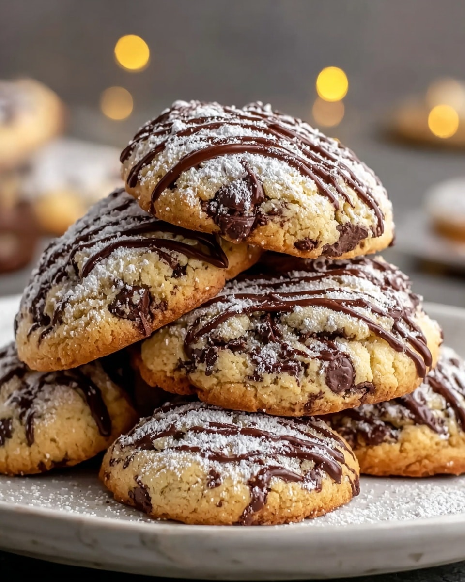 A stack of soft, chunky chocolate chip cookies is placed on a white plate with a subtle texture. Each cookie is light golden brown with dark chocolate chips visible throughout. The cookies have a dusting of white powdered sugar on top and a drizzle of glossy dark chocolate in lines across the surface. The plate rests on a white marbled texture, and there are soft, warm lights blurred in the background. The cookies look thick with a slightly crumbly texture visible on the edges. photo taken with an iphone --ar 4:5 --v 7