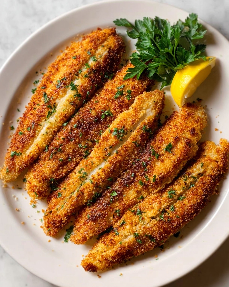 A close-up image of a single fried fish fillet in a black cast iron skillet, the fillet showing three defined sections with a golden-brown crispy crust generously speckled with green herbs. The crust has a textured, crunchy look with hints of reddish seasoning throughout. The fillet lays partly in melted butter that pools around its edges, showing some bubbling and oil separation in the skillet. A bright green parsley leaf is placed on top as garnish, adding a fresh contrast to the warm herbs and spices on the fish. The skillet's edge is visible, showing a well-used surface with baked-on bits around the fillet. The photo is taken on a white marbled texture background. Photo taken with an iphone --ar 4:5 --v 7