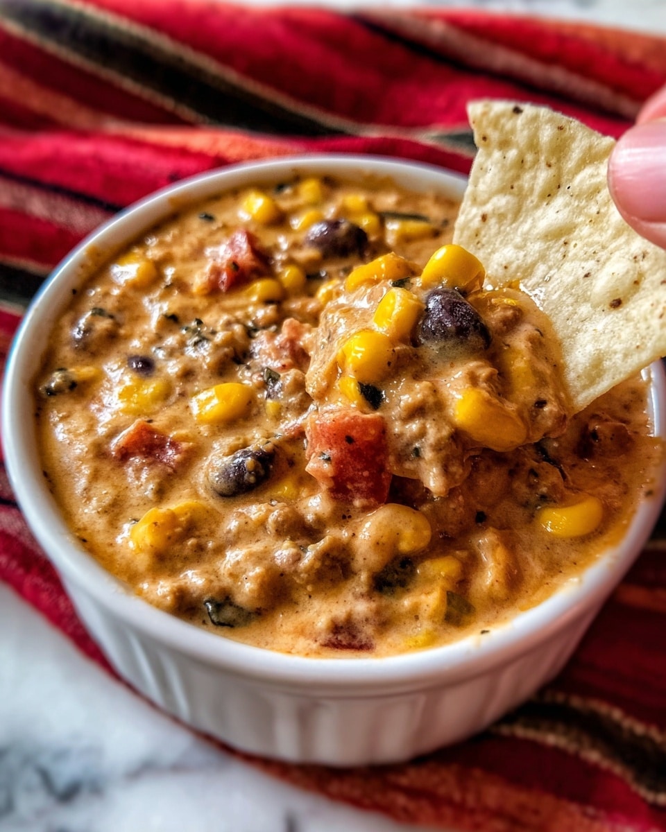 A close-up image of a creamy dip served in a white bowl placed on a white marbled surface with a red and black striped cloth beneath. The dip shows a thick, textured layer filled with visible yellow corn kernels, black beans, small bits of tomato, and ground meat, all mixed into a light brown, creamy sauce. In the foreground, a torn white tortilla chip is held by a woman's hand, coated thickly with the same dip showing its chunky ingredients clearly. The overall look is rich and hearty, with a slightly glossy finish on the dip surface. Photo taken with an iphone --ar 4:5 --v 7