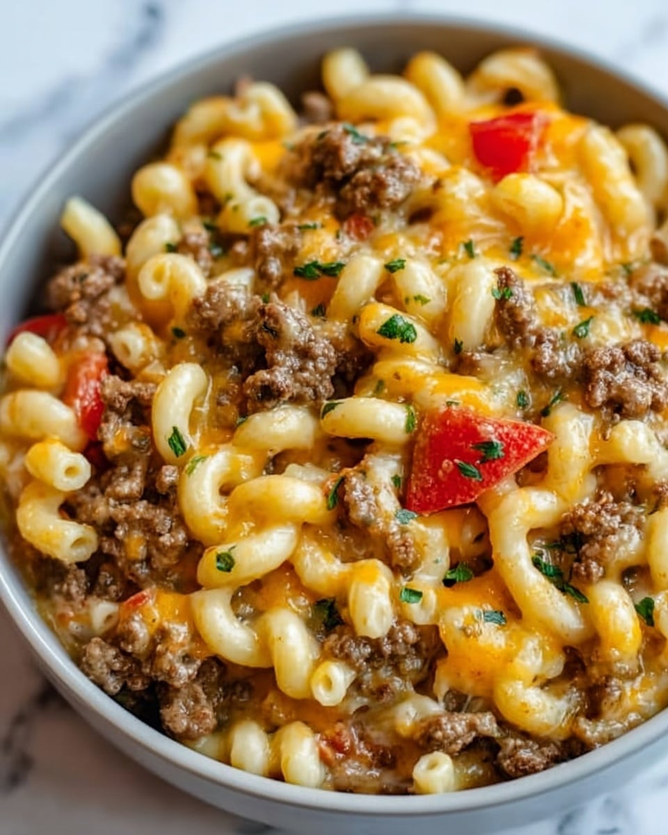 A close-up view of a bowl filled with creamy pasta, showing three main layers: the base layer is pale yellow, soft elbow macaroni pasta, topped with a thick, white cheese sauce that coats the pasta entirely. On this sauce, chunks of brown ground beef and strips of orange and red bell peppers are scattered evenly. The top layer includes melted cheese speckled with black pepper and fresh green parsley leaves adding color contrast. The bowl is white with a smooth texture, sitting on a white marbled surface. photo taken with an iphone --ar 4:5 --v 7