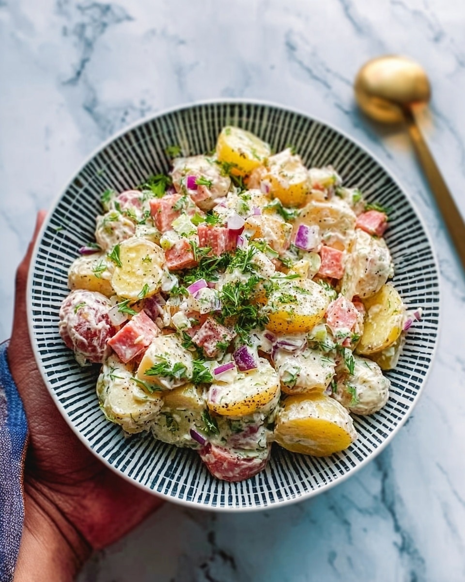 A bowl filled with a colorful mixed salad sits on a white marbled surface. The salad has three main layers: at the bottom, there are golden yellow baby potatoes cut in halves; on top of the potatoes, there are pieces of purple-red onions and halved bright red cherry tomatoes; the top layer is sprinkled with white chunks of feta cheese and green herbs. The bowl itself is white with intricate blue patterns inside. The background includes a blurred part of a green bowl, a lemon, and some whole yellow potatoes. Photo taken with an iphone --ar 4:5 --v 7