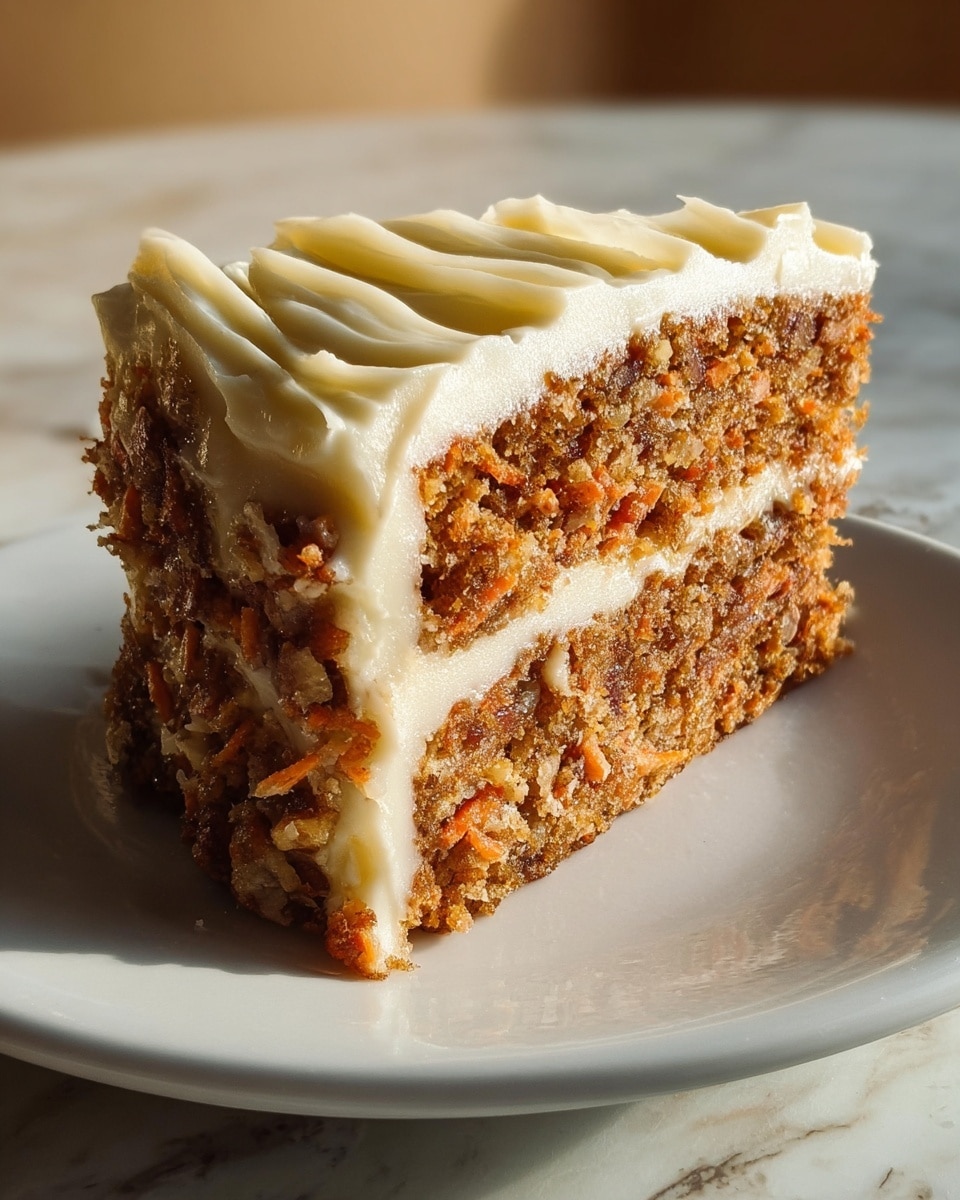 A slice of two-layer carrot cake sits on a white plate, each layer a textured mix of brown and orange with visible bits of carrot and nuts, separated by a thin layer of creamy off-white frosting. The top layer is generously covered with thick, creamy, slightly rippled frosting, smooth and glossy with soft peaks and curves. The cake edges show a moist, crumbly texture, contrasting with the smooth frosting. The background has a soft, warm light with a white marbled texture under the plate. Photo taken with an iphone --ar 4:5 --v 7