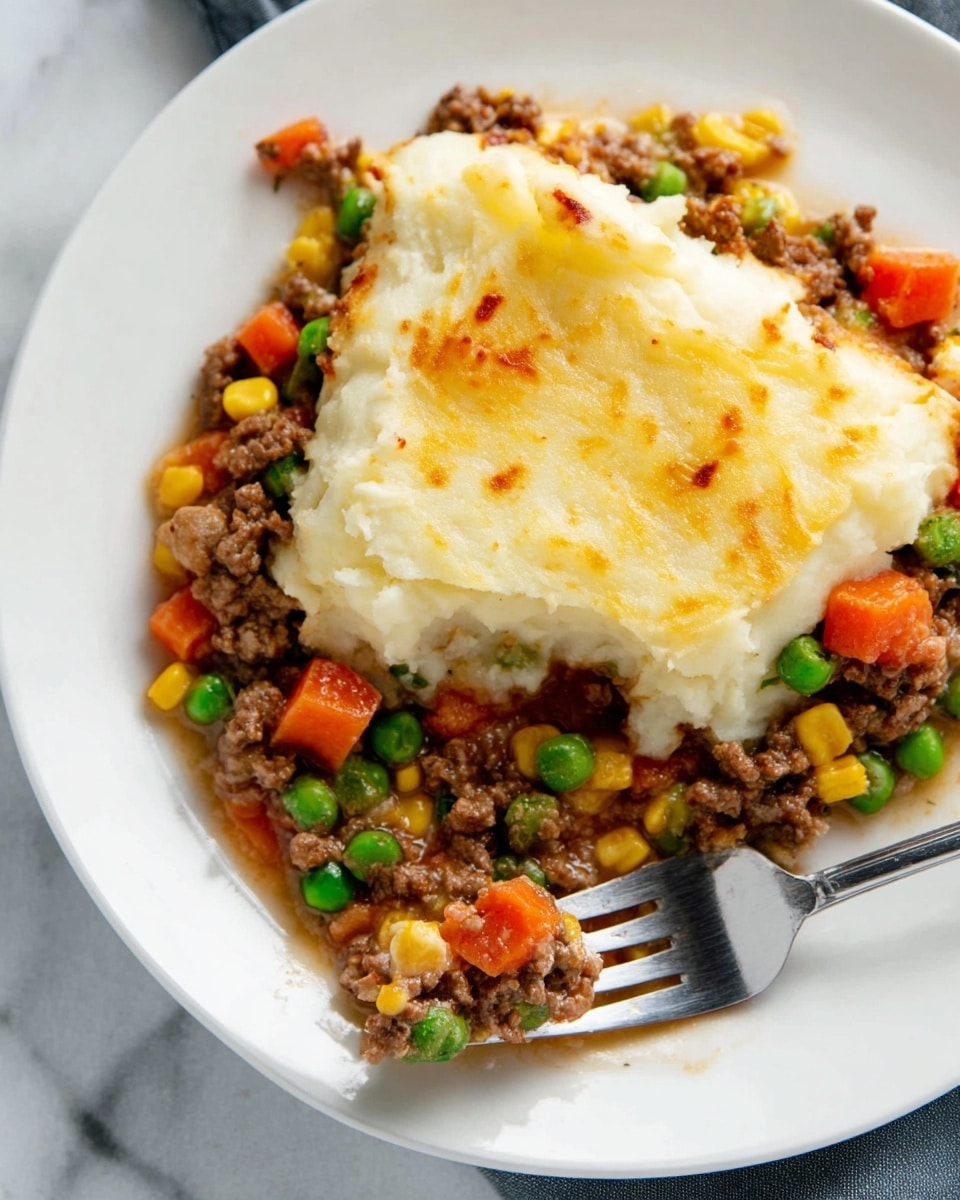 A white plate holds a serving of shepherd’s pie with two visible layers. The bottom layer is a mix of ground meat, bright orange carrot pieces, green peas, and yellow corn kernels, all in a slightly shiny, juicy texture. The top layer is creamy mashed potatoes with a light golden-brown crust from baking, showing a soft and fluffy texture. A silver fork rests on the right side of the plate, touching the food. The plate is set on a white marbled surface. photo taken with an iphone --ar 4:5 --v 7