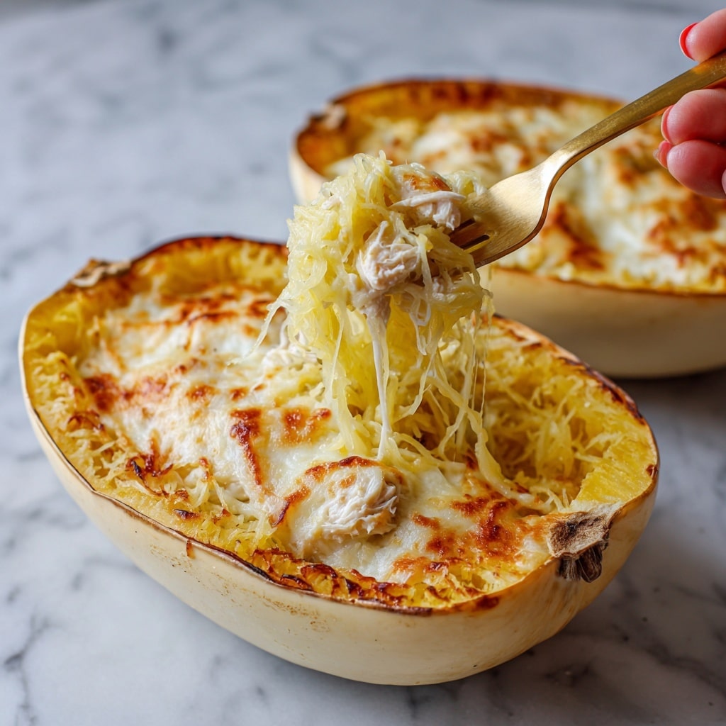 The image shows a square slice of a baked dish on a white plate with blue floral patterns. The dish has two main layers: a bottom layer of soft, pale yellow texture that looks moist and crumbly, and a top layer of melted, golden-brown cheese that is bubbly and slightly crispy at the edges. The plate rests on a dark surface next to a large white ceramic baking dish filled with the same baked dish, which has a smooth, browned cheese layer on top. A metal fork lies next to the plate, resting partly on a thick, white textured cloth. The background is a white marbled texture. photo taken with an iphone --ar 4:5 --v 7