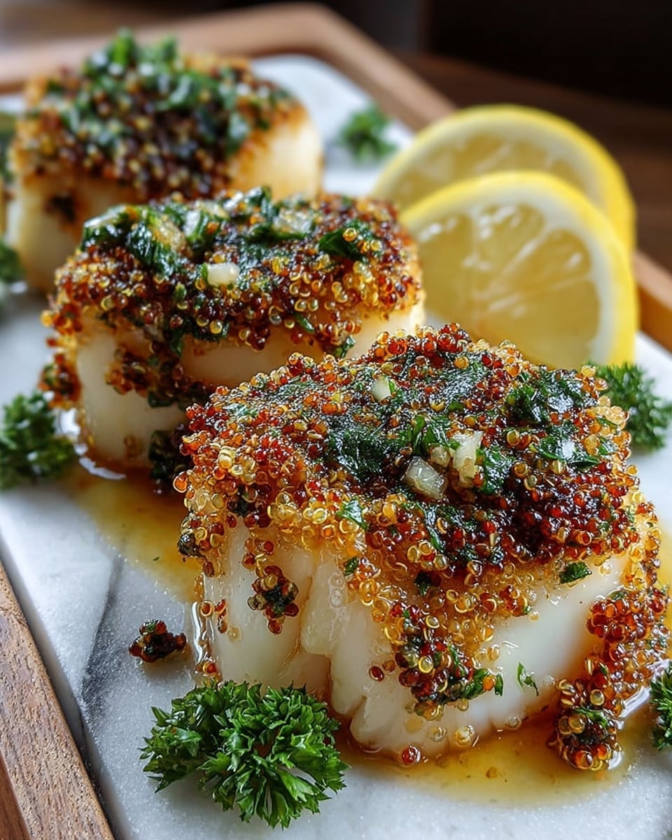 The dish shows three pieces of white scallops topped with a crispy golden-brown quinoa crust mixed with green chopped herbs and small bits of seasoning. Each scallop has a firm, juicy white base with the crunchy quinoa layer sitting on top, slightly melting into a small pool of light sauce underneath. The scallops are placed in a row on a white marbled surface, garnished with two bright yellow lemon wedges behind them and small green parsley sprigs around the scallops. The scene is close-up, capturing the detailed texture of the crispy quinoa and fresh herbs, with warm lighting. Photo taken with an iphone --ar 4:5 --v 7