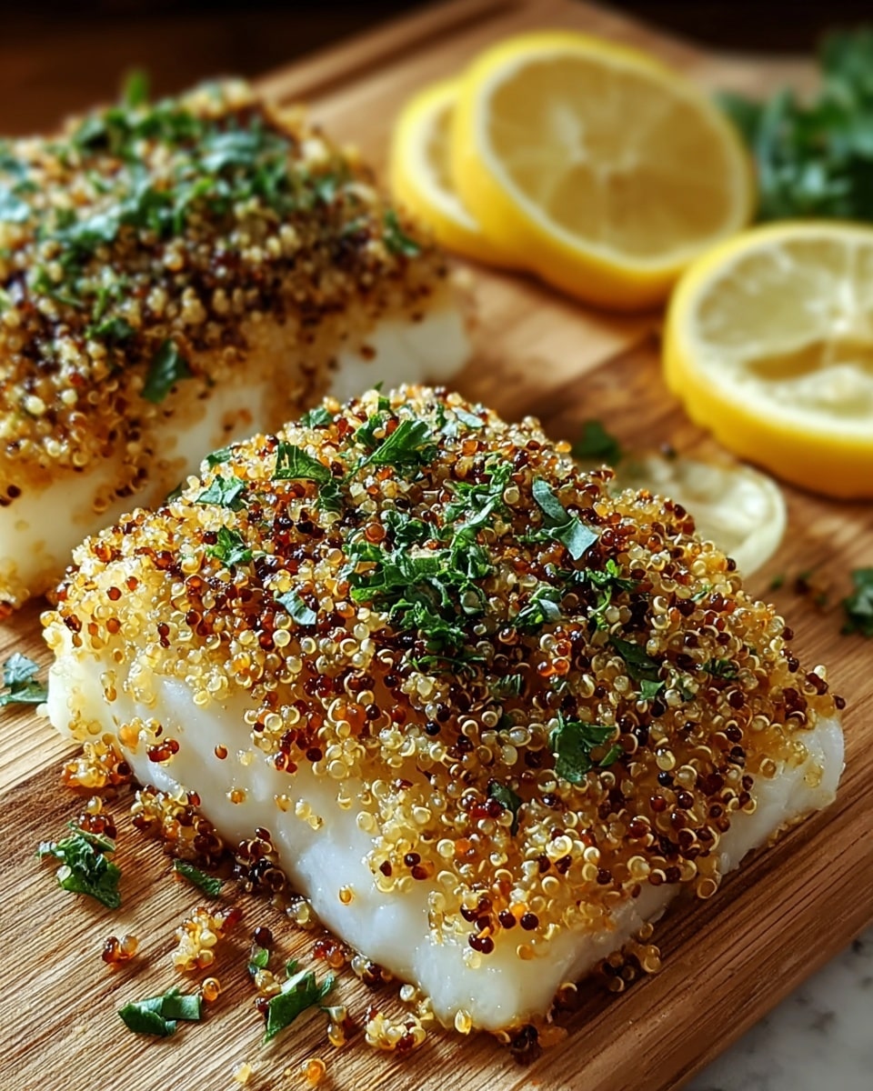 Two pieces of white fish fillets are topped with a crispy, golden-brown quinoa crust sprinkled with chopped green herbs. The quinoa has different shades of light tan and dark brown, covering the entire surface of the fish on top and slightly spilling onto the wooden board beneath. Behind the fish pieces, there are three lemon slices with bright yellow rinds and a juicy texture. The scene is set on a wooden board with a white marbled texture in the background. photo taken with an iphone --ar 4:5 --v 7
