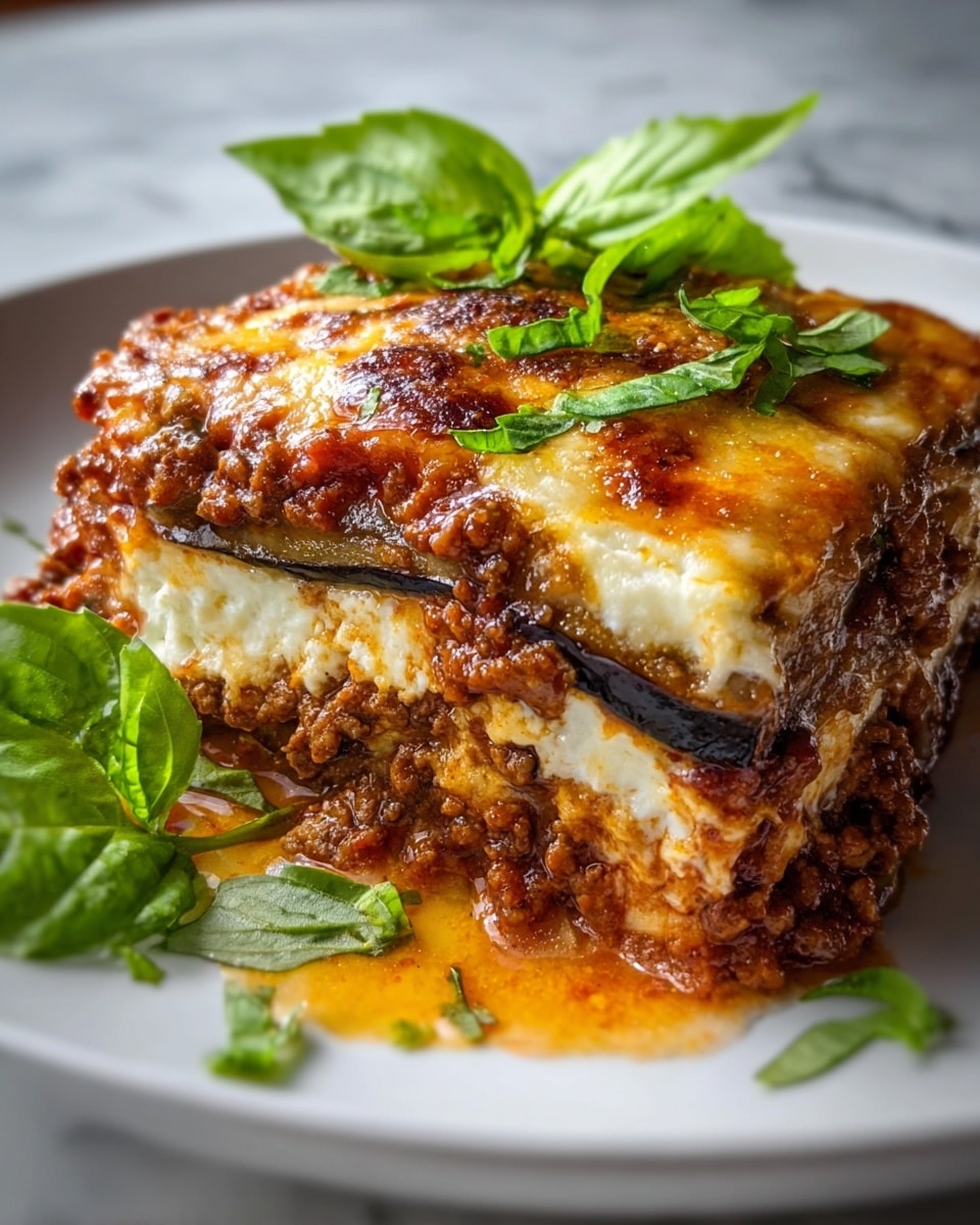A white rectangular baking dish filled with six pieces of baked lasagna topped with melted cheese that is golden brown and slightly bubbly. The top layer has patches of green herbs sprinkled evenly, contrasting with the rich red tomato sauce underneath. The edges of the dish show the layered pasta and sauce combination, with visible texture from the cooked sauce and cheese. The dish is placed on a blue and white striped cloth with a white marbled surface below, and a basil leaf is visible at the top right corner. photo taken with an iphone --ar 4:5 --v 7