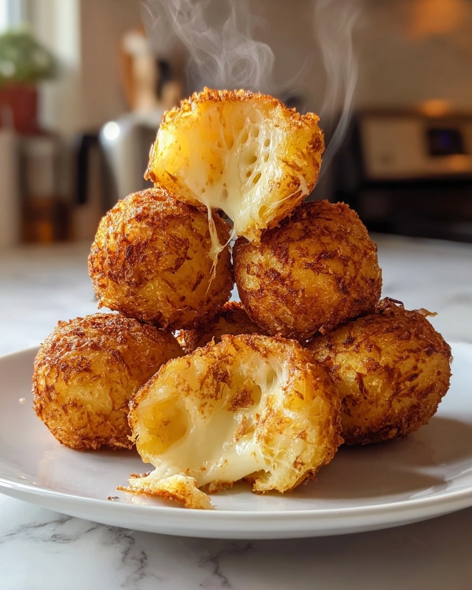 A white plate holds a pile of five golden brown fried cheese balls, each with a crispy, textured outer layer in a deep yellow and light brown color. The cheese balls are arranged with four at the bottom and one stacked on top in the middle. The front cheese ball is split open, showing soft, melted white cheese stretching between the two halves, inside a slightly fluffy light yellow interior. Steam rises gently from the warm cheese balls, and the background shows a blurry kitchen setting with soft light. The scene is set on a white marbled surface. photo taken with an iphone --ar 4:5 --v 7
