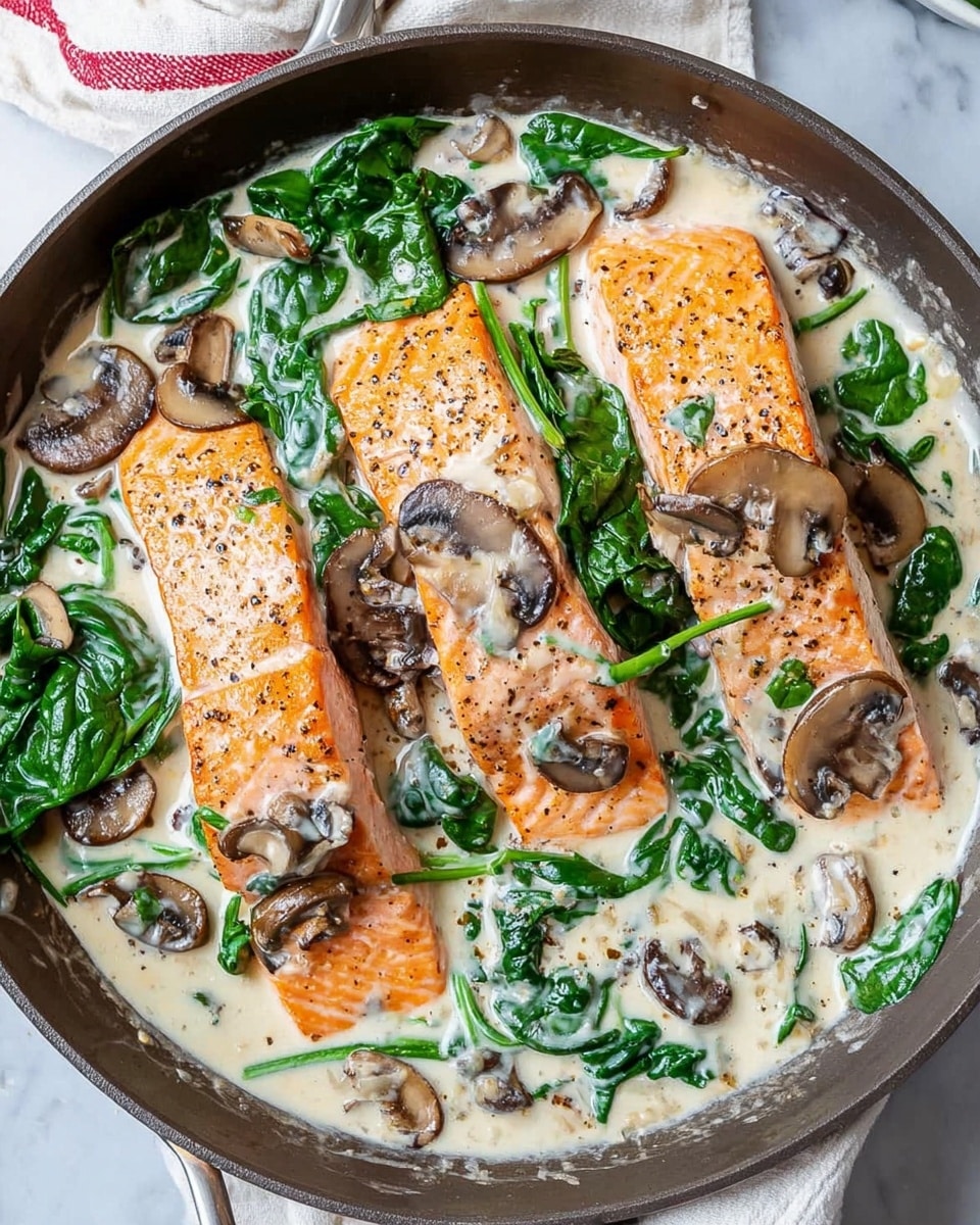 Two thick pieces of grilled salmon with a golden brown crust are placed on a bed of deep green sautéed spinach and light brown sautéed mushrooms on a white plate. Each salmon piece is topped with a creamy, light beige sauce speckled with finely chopped green herbs. The sauce also pools around the spinach and mushrooms, adding a smooth texture. The plate sits on a white marbled surface. photo taken with an iphone --ar 4:5 --v 7
