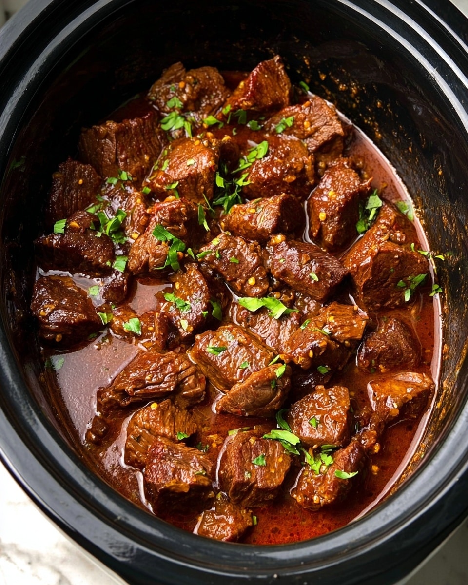 The image shows a close-up of a slow cooker filled with deep brown, chunky beef pieces coated in a rich, glossy brown sauce. The beef looks tender with a slightly rough texture, and small bits of green herbs are scattered on top, adding a fresh contrast. The sauce pools around the beef, showing a smooth, oily surface with a warm reddish-brown color. The interior of the slow cooker is black, and the photo is taken on a white marbled surface. Photo taken with an iphone --ar 4:5 --v 7