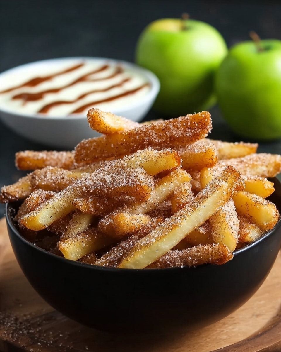 A black bowl filled with many sticks that look like fries, covered with a mixture of sugar and cinnamon giving a grainy texture, the fries are light yellow with parts darker because of the cinnamon. In the background, there is a white bowl with a creamy white sauce topped with a drizzle of brown sauce and two green apples, and the whole setup is on a wooden surface. photo taken with an iphone --ar 4:5 --v 7