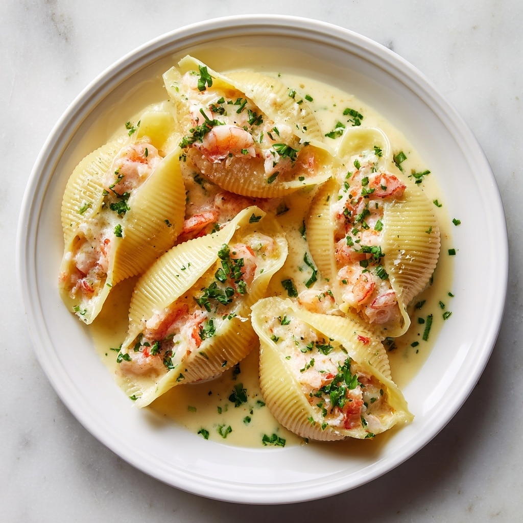 The image shows a white oval dish filled with baked pasta shells covered in a creamy white sauce. Each large shell is stuffed with shrimp that are light pink with a slightly browned top. The surface is sprinkled with green herbs and small brown specks, giving a textured look. The sauce is smooth and creamy, bubbling gently around the edges of the shells. The dish sits on a white marbled surface. photo taken with an iphone --ar 4:5 --v 7