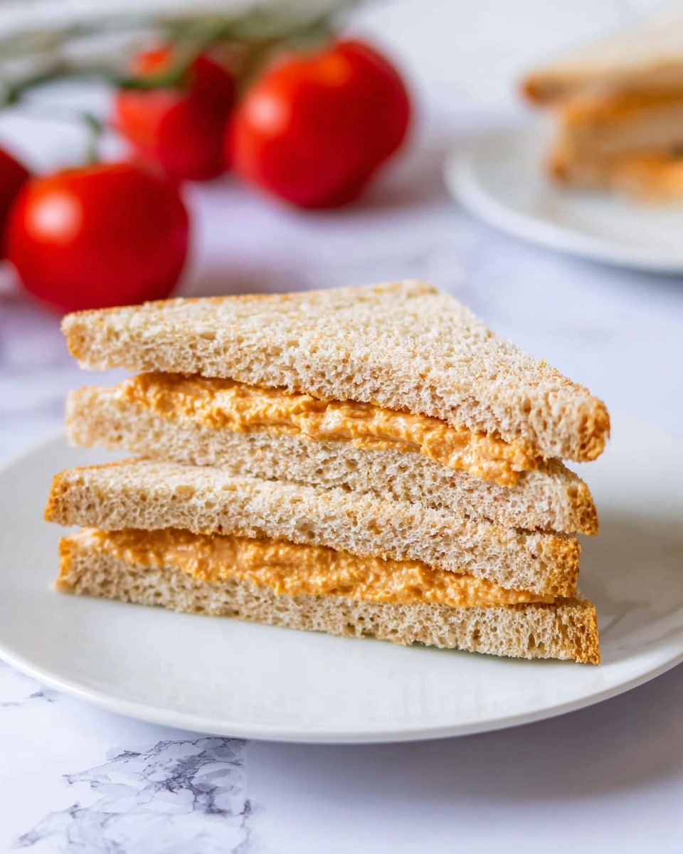 A close-up of a white textured small bowl filled with a creamy, thick orange mixture that has a slightly lumpy texture on the top layer. There is a silver spoon inserted in the mixture standing upright. Behind the bowl, there are stacked slices of white bread with brown crusts, and to the right, a whole red tomato is visible. The setting is on a white marbled surface with some small orange shreds scattered around. photo taken with an iphone --ar 4:5 --v 7