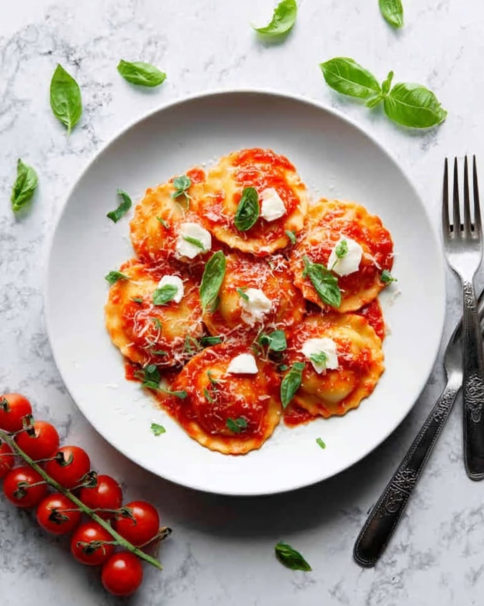 A white deep dish filled with a thick layer of hexagon-shaped ravioli pasta coated in rich red tomato sauce, with pieces of green basil leaves mixed through the sauce. The ravioli are topped with a light sprinkle of finely grated white cheese and a single basil leaf placed on one side. The edges of the dish show some splashes of tomato sauce, and the whole dish rests on a white marbled surface with a blue and white striped cloth partially underneath. Photo taken with an iphone --ar 4:5 --v 7