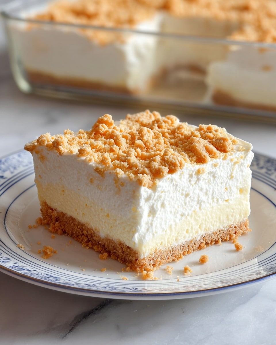 A close-up view of a creamy dessert with three visible layers: the bottom layer is a light brown crumbly crust, the middle layer is a thick, smooth, pale yellow cream, and the top layer is slightly textured white cream sprinkled with golden brown crumbs, all contained in a clear glass dish set on a white marbled surface. Photo taken with an iphone --ar 4:5 --v 7