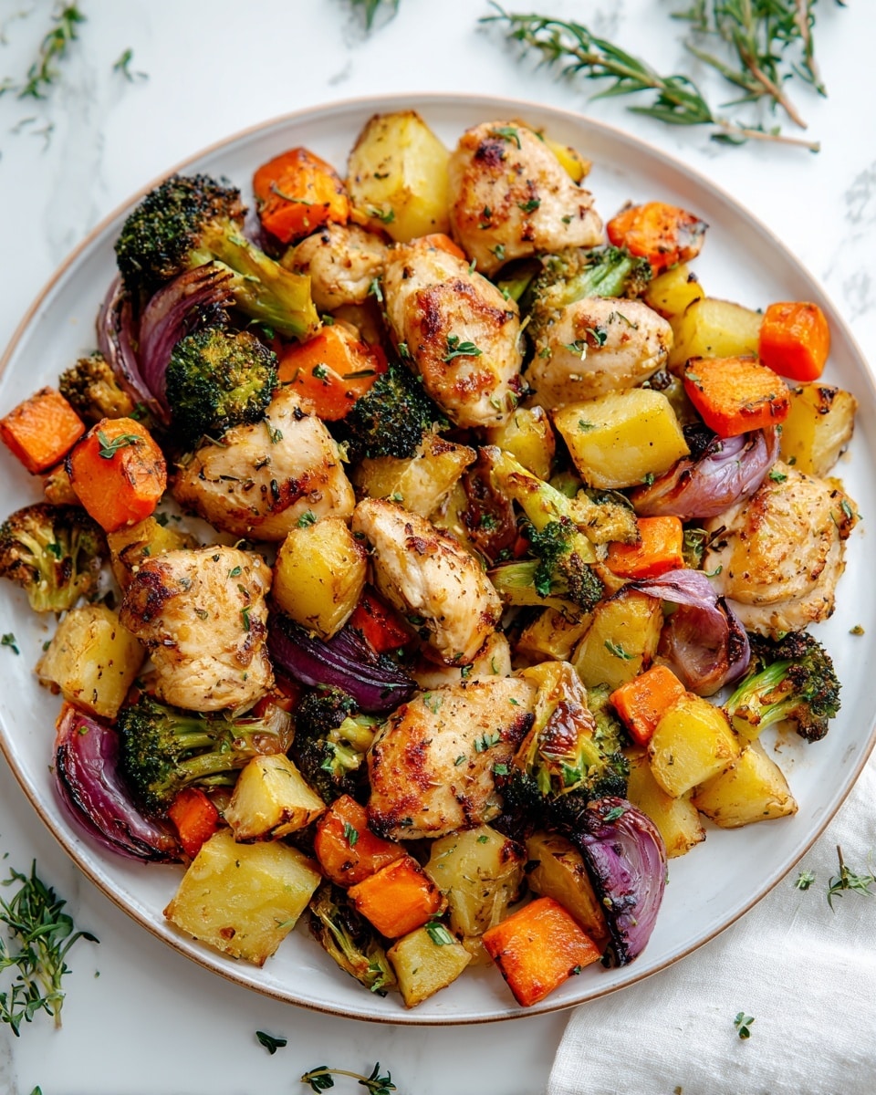 The image shows a sheet pan with a colorful mix of roasted food layered in a single spread. The base layer is made of roasted small potato pieces with golden, crispy edges, and some dark brown spots. On top and around this are bright green broccoli florets with visible char marks, alongside orange baby carrots that have a slightly wrinkled texture from roasting. There are small, golden-brown chicken pieces with a crispy, pepper-speckled surface scattered evenly across the pan. Thin, juicy lemon slices, some charred on the edges, are placed between the vegetables and chicken, and fresh green herb leaves are sprinkled lightly over everything. The whole tray sits on a white marbled surface covered partly by a crumpled white cloth. photo taken with an iphone --ar 4:5 --v 7