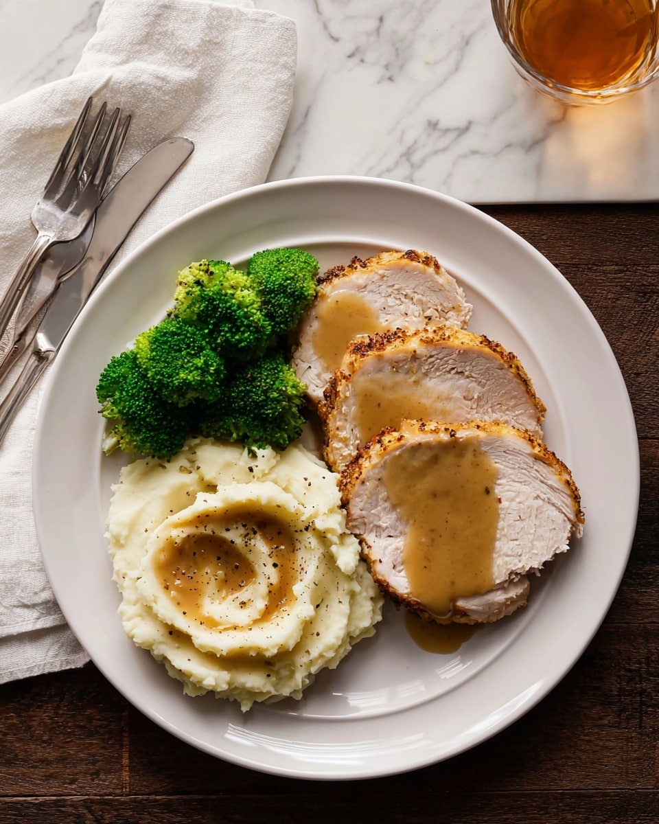 A close-up of sliced roasted turkey breast arranged in a black oval dish filled with brown gravy. The turkey has five visible slices showing the white, tender meat inside and crispy golden-brown skin on top sprinkled with herbs and black pepper. The slices are positioned from right to left, slightly overlapping each other, with juices pooling at the bottom. The background is a white marbled texture. photo taken with an iphone --ar 4:5 --v 7