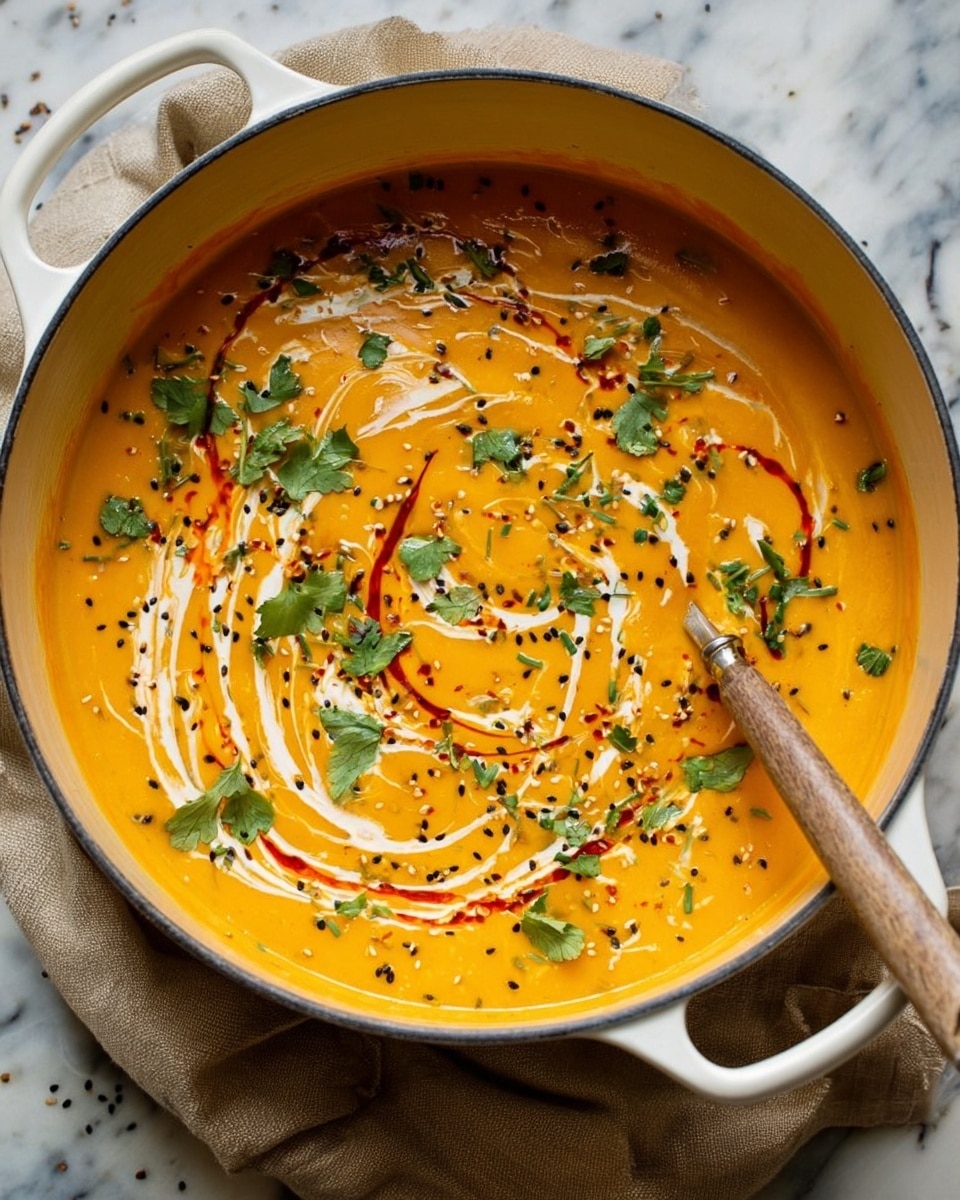 A large round white pot filled with smooth, thick orange soup forms the main layer, topped with swirls of white cream and thin streaks of red oil. Scattered over the surface are small black and white sesame seeds, green herb leaves, and tiny chopped green herbs, adding texture and color contrast. A spoon is placed inside the pot, and a beige cloth is partially visible under the pot on a white marbled surface. The photo taken with an iphone --ar 4:5 --v 7