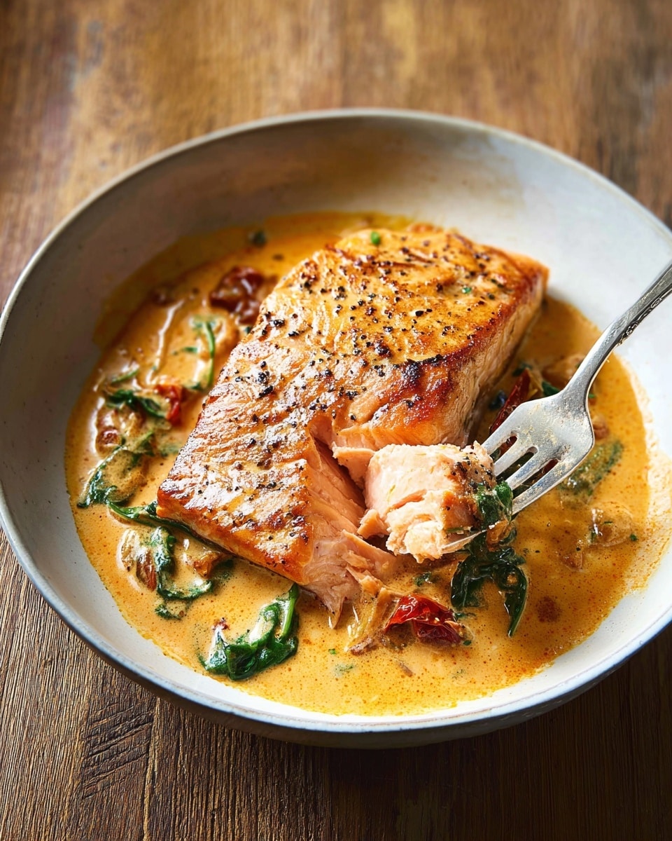 Three salmon fillets with a golden-brown, slightly crispy top layer are shown close up. Each fillet rests in a creamy white sauce that is speckled with herbs and pepper, with visible chunks of white onion and green spinach leaves mixed throughout. Small bright green basil leaves are placed on top and around the salmon, adding a fresh touch. There are some pieces of soft, cooked red tomatoes in the sauce at the edges. The sauce has a smooth, rich texture that coats the salmon nicely. The background is a white marbled texture. photo taken with an iphone --ar 4:5 --v 7