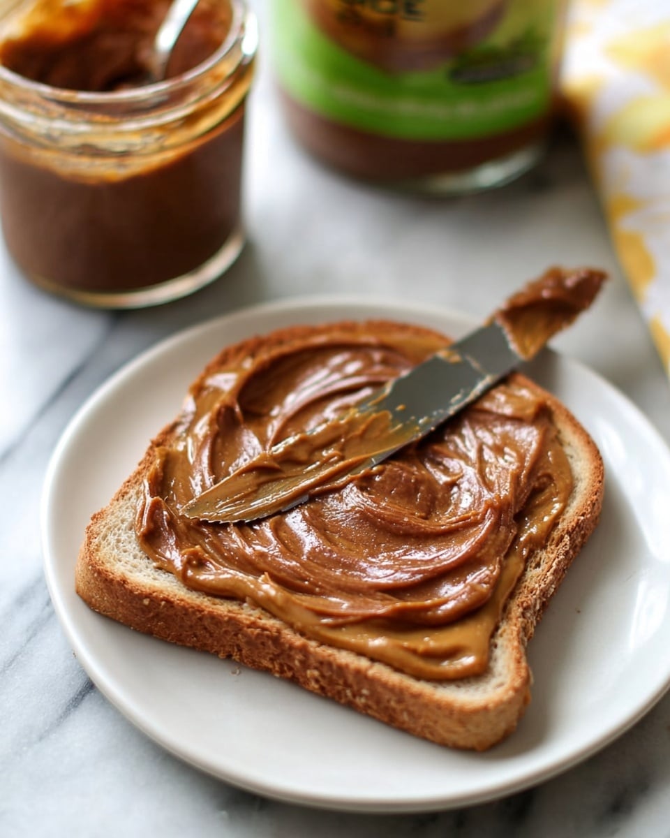 A single slice of toasted brown bread lies centered on a round white plate with a white marbled surface underneath, spread with a smooth light brown layer of peanut butter topped by a thick, glossy layer of darker brown spread, swirled unevenly on top. A silver knife with some of the darker spread on its tip rests on the plate, ready to continue spreading. In the background, there is a clear jar filled with more of the darker spread and a blurred jar with a green label. photo taken with an iphone --ar 4:5 --v 7