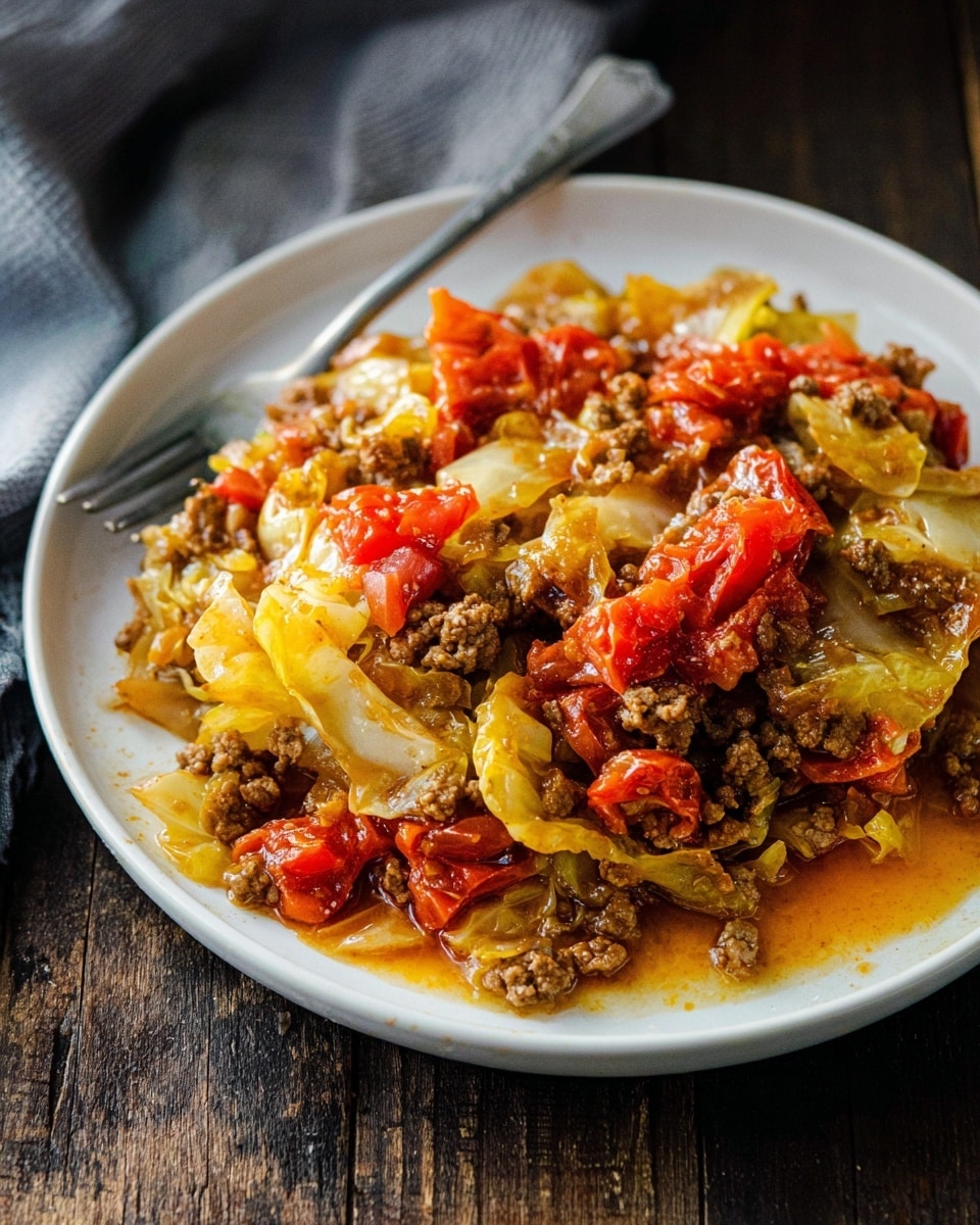 A white plate filled with a cooked dish made of three main layers: the bottom layer has soft, light yellow cabbage pieces with a slightly translucent texture, the middle layer shows small, crumbly brown ground meat mixed throughout, and the top layer has chunks of bright red tomato pieces scattered on top. The dish is juicy with some liquid pooling on the plate around the food, creating a glossy look. The plate sits on a dark wooden surface, and a silver fork is placed on the plate’s left edge. Photo taken with an iphone --ar 4:5 --v 7