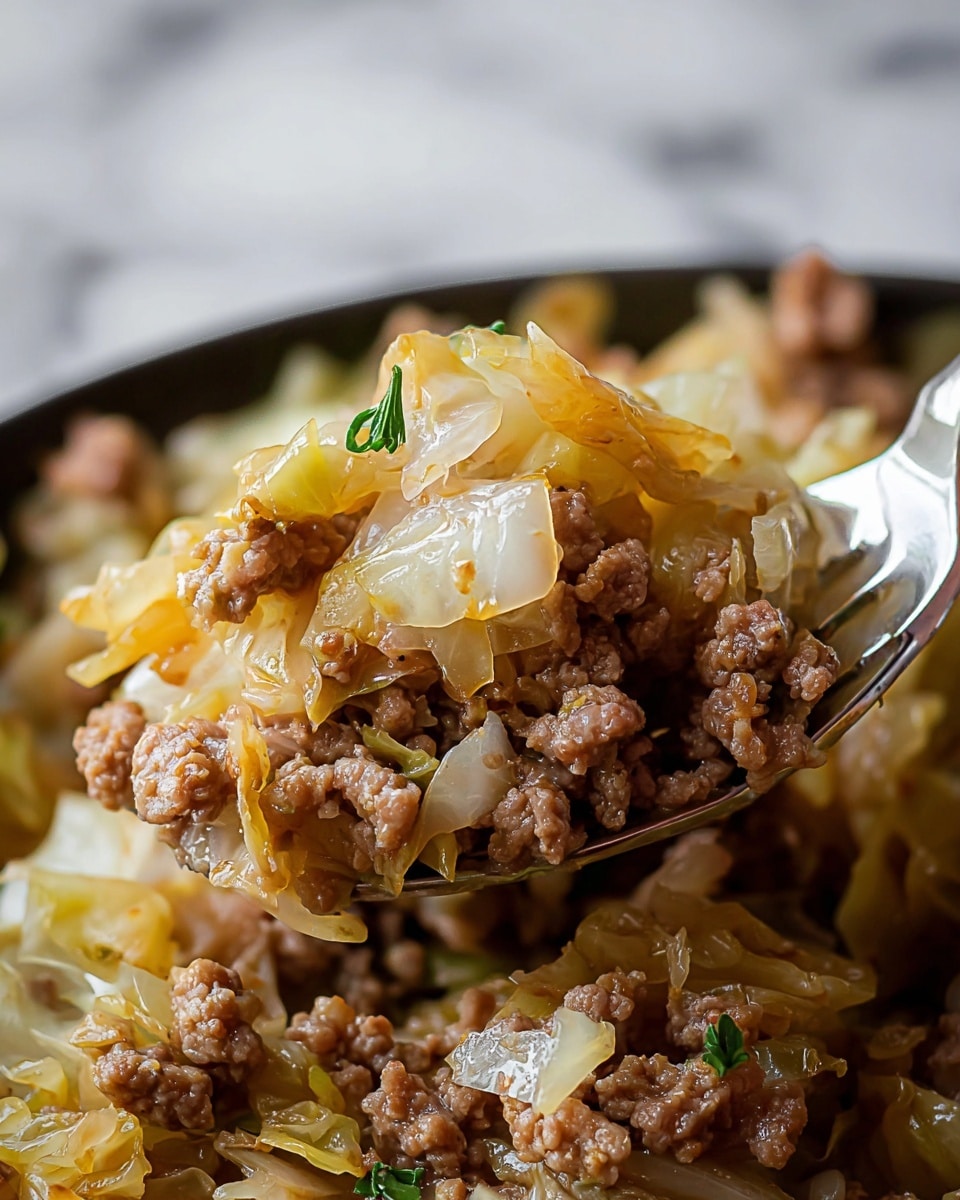 The close-up image shows a cooked dish with two main layers: the bottom layer is made of soft, brown ground meat with a slightly oily texture, and the top layer consists of cooked, pale yellow to translucent cabbage pieces mixed with small bits of sautéed onion. The vegetables look tender and glossy, scattered evenly throughout the meat, with a few tiny green herb pieces visible. The dish is captured on a metal fork, emphasizing the texture and moisture of both the meat and cabbage. The background has a clean white marbled texture. photo taken with an iphone --ar 4:5 --v 7