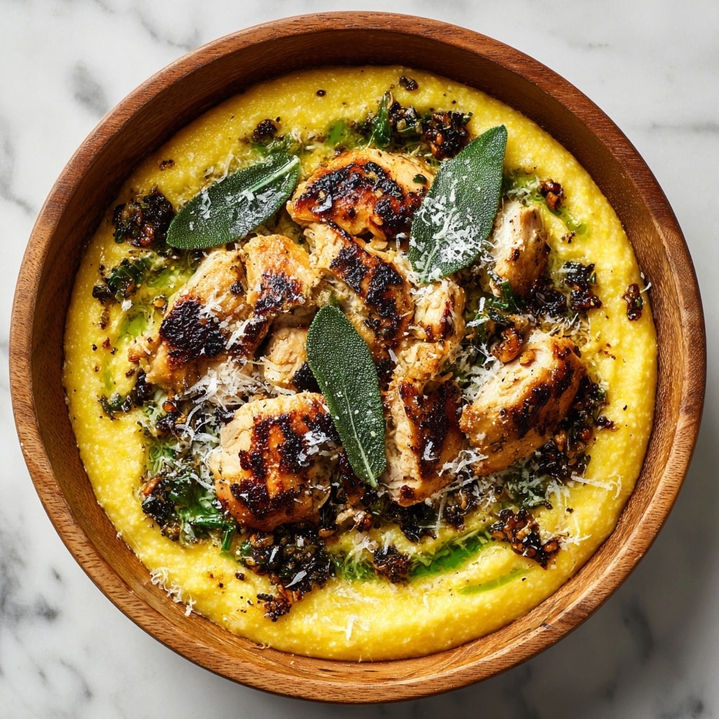 Two round, thick golden-yellow cakes with a crumbly texture sit on a white plate with a slight sheen. Each cake has a crispy, browned top layer with dark green fried herb strips carefully piled in the center, crowned by a whole fresh sage leaf. A rich, dark brown sauce lightly glistens and pools slightly around the base of the cakes, contrasting with their bright color. The plate rests on a white marbled surface, adding a clean, elegant background. Photo taken with an iphone --ar 4:5 --v 7