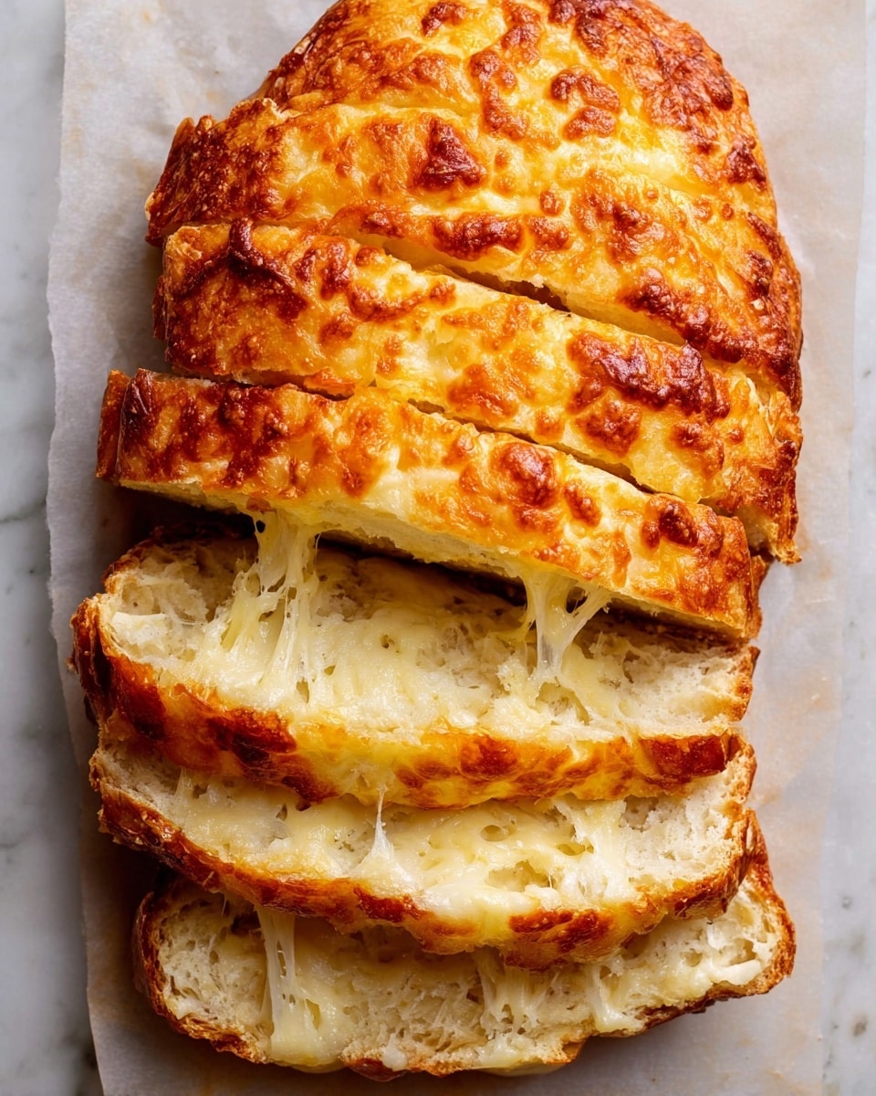 A loaf of cheese bread sliced into five pieces is shown from above on a white marbled surface. The top crust is golden brown with a bubbly, crispy cheese layer. Inside, the soft bread is light cream in color with visible melted cheese strands stretching between the slices. The bottom slice shows the soft, slightly moist texture of the bread with cheese pockets inside. photo taken with an iphone --ar 4:5 --v 7
