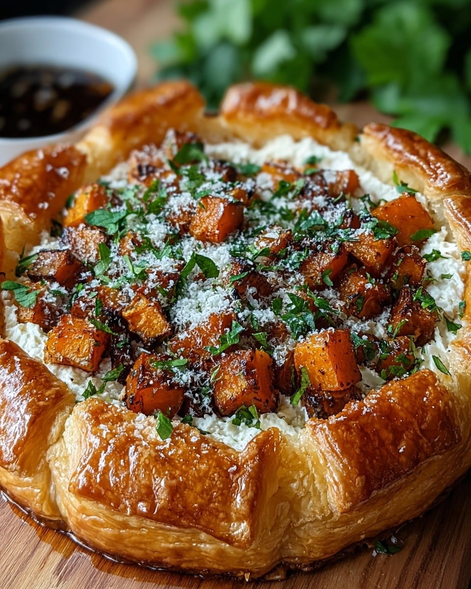 A round tart with one thick layer of golden brown, flaky pastry crust that is puffed up and shiny with a glaze, surrounding the edges. On top, one layer of white creamy cheese fills the center. Scattered on the cheese, one layer of small, charred orange cubes of roasted butternut squash with a slightly crispy texture. Fresh, chopped green herbs are sprinkled all over the top, adding lively color. Lightly grated white cheese is also dusted on top, contrasting with the darker roasted squash. The tart rests on a wooden board with a blurred background of green leaves. photo taken with an iphone --ar 4:5 --v 7