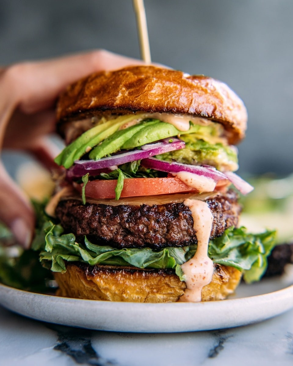 A juicy grilled burger with a shiny, toasted dark brown top bun, a thick, charred beef patty beneath it covered in creamy light brown sauce that drips down the sides, fresh green leafy arugula under the patty, and a soft, golden bottom bun. The burger sits on a white plate with a side of golden French fries blurred in the background, all placed on a white marbled textured surface. Photo taken with an iphone --ar 4:5 --v 7
