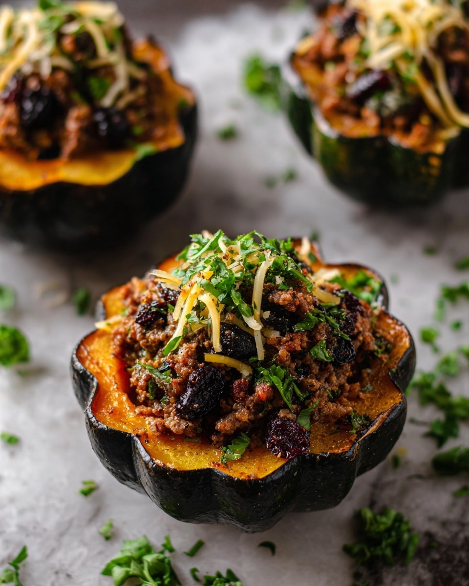 Two small roasted pumpkins are shown, each carved into six petal-like sections with a dark brown roasted texture on their outer skin. Each pumpkin is filled with three visible layers: the bottom layer is a bright orange pumpkin flesh, the middle layer is a browned crumbly filling that looks like cooked ground meat or stuffing, and the top layer is melted white cheese with veins dripping down, sprinkled with dark red dried cranberries and small green herb leaves, possibly thyme. The pumpkins sit on a wooden surface with fresh green herb sprigs beside them. The background is softly blurred with warm tones, creating a cozy feeling. photo taken with an iphone --ar 4:5 --v 7