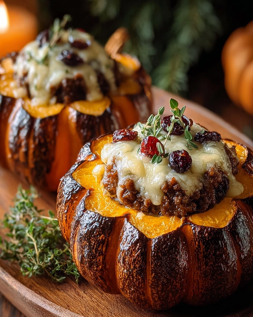The image shows a close-up of three stuffed acorn squash halves placed on a white marbled surface. Each squash half has a dark green outer rind with a scalloped edge and is filled with a mixture of browned ground meat, dark raisins or dried berries, and topped with shredded light yellow cheese and bright green chopped parsley. The filling has a textured, slightly chunky appearance with small bits of ingredients visible. The stuffing is neatly piled in the center, and the squash flesh surrounding it is golden brown and tender-looking. The scene has a warm, cozy feel with some scattered parsley leaves around the squash. photo taken with an iphone --ar 4:5 --v 7