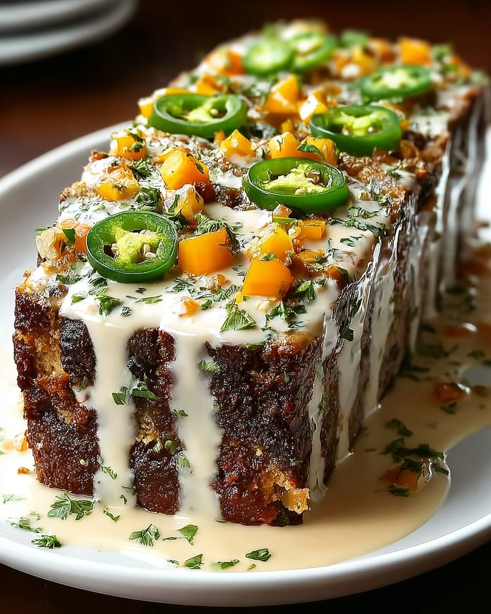 A thick, round meatloaf sliced into six pieces is arranged on a white plate, showing a crispy, dark brown crust outside with a moist, light brown inside. The top has melted, bright orange cheddar cheese layered evenly, with fresh green jalapeño slices placed on top. White creamy sauce is drizzled in thick lines over each slice, with finely chopped green parsley sprinkled around and on top, along with small bits of red chili flakes. The plate sits on a white marbled surface, highlighting the rich textures and colors of the dish. photo taken with an iphone --ar 4:5 --v 7