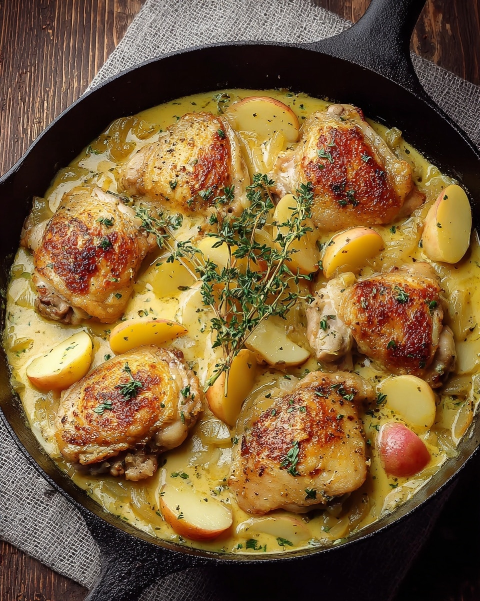A black cast iron pan filled with six golden-brown seared chicken thighs resting partly submerged in a light creamy yellow sauce mixed with soft translucent onions and thick slices of pale yellow potatoes with red skin. A fresh sprig of green thyme lies across the top center, adding a touch of color and texture. The sauce has a slightly speckled look from herbs and spices. The pan is set on a textured gray cloth over a dark wooden surface, but imagine it on a white marbled texture. Photo taken with an iphone --ar 4:5 --v 7