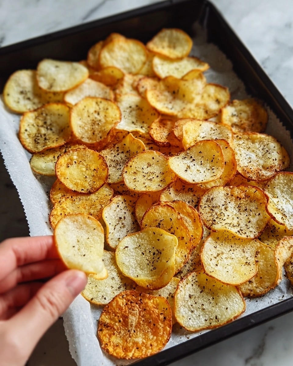 The image shows a white plate filled with crispy, golden-brown potato chips, each chip slightly curved with a crunchy texture and sprinkled with small green herb bits. Next to the chips is a small white bowl filled with creamy white dip, topped with chopped green herbs. The plate and bowl sit on a white marbled surface, and a woman's hand is about to pick up a chip. photo taken with an iphone --ar 4:5 --v 7