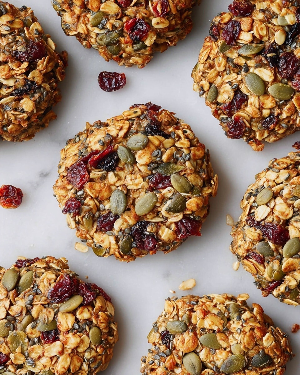 The image shows several round, thick granola cookies placed directly on a white marbled surface. Each cookie has a rough texture made up of visible layers of golden-brown oats mixed with dark chia seeds, pumpkin seeds, and sunflower seeds. Scattered throughout are bright red dried cranberries that add pops of color. The cookies are irregularly shaped but mostly circular, showing a crunchy and chewy mix of ingredients tightly packed together. Some small crumbs lie around the cookies, emphasizing their crumbly texture. photo taken with an iphone --ar 4:5 --v 7