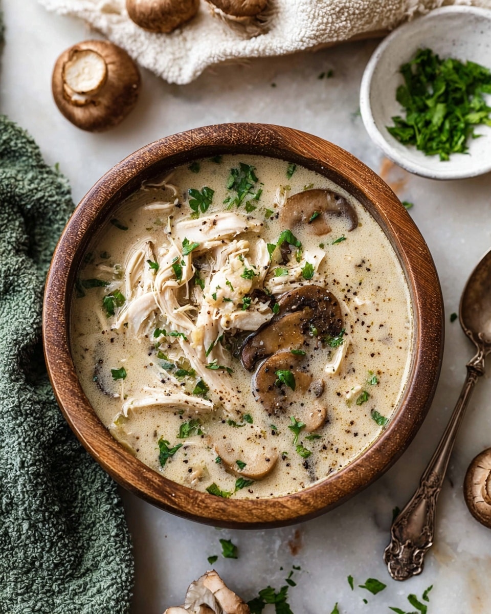 A wooden bowl filled with creamy beige soup featuring shredded white chicken and several thick slices of cooked brown mushrooms, topped with scattered green chopped herbs and sprinkled with black pepper. The bowl sits on a white marbled surface with whole brown mushrooms nearby and a small white bowl of fresh chopped green herbs to the side. A vintage silver spoon rests adjacent to the bowl, with a textured green towel and a cream-colored cloth in the background, creating a cozy setting. Photo taken with an iphone --ar 4:5 --v 7
