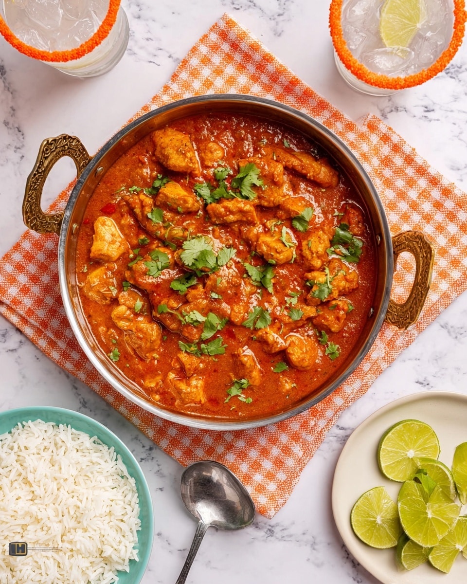 The image shows a round metal pan filled with a thick reddish-orange curry containing chunks of chicken, garnished with fresh green cilantro leaves scattered on top. The pan is placed on an orange and white checkered cloth set on a white marbled surface. To the bottom left, there is a round white bowl filled with fluffy white rice and a spoon resting inside it. To the right, a small white plate holds several lime wedges. Two glasses with ice and an orange rim are partly visible, one at the top left and the other at the bottom right. photo taken with an iphone --ar 4:5 --v 7
