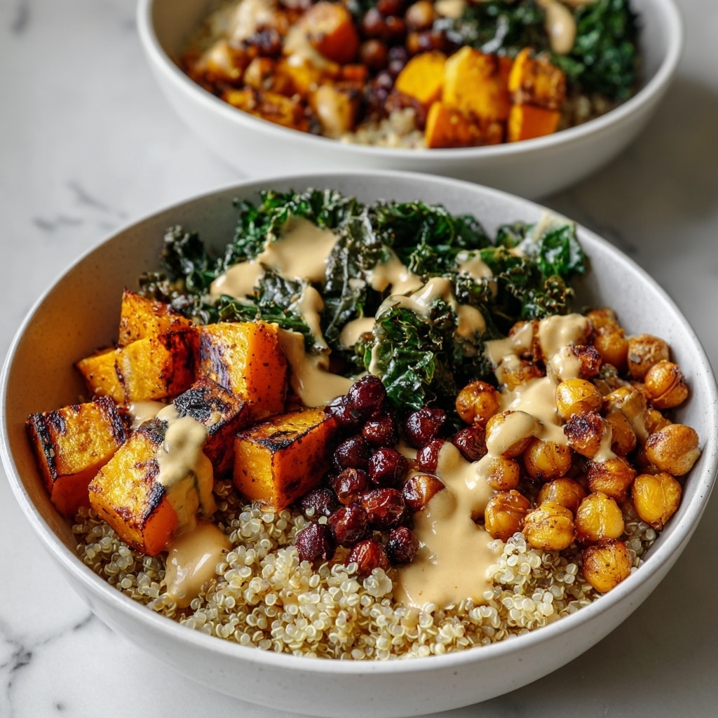 A close-up of a white bowl filled with four main layers: at the base is a bed of light beige quinoa with a soft, grainy texture; on one side are small, shiny, and tender golden-orange roasted butternut squash cubes; next to it are darker brown, slightly charred roasted cauliflower pieces with a crisp texture; and on the opposite side is a small bunch of bright green kale with a crinkly texture. A creamy beige sauce with black pepper specks is drizzled unevenly over the roasted vegetables and quinoa, and a small sprig of fresh green herbs is placed on top as garnish. The bowl sits on a white marbled surface. Photo taken with an iphone --ar 4:5 --v 7