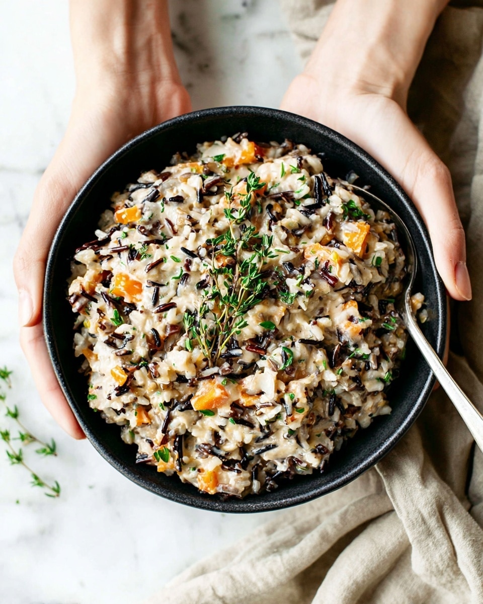 A black bowl held by a woman's hands filled with a creamy mixed dish made of small rice grains, chopped orange vegetables, green herbs, and dark wild rice pieces scattered on top. A sprig of fresh green thyme lays across the top center, adding contrast. The texture looks thick and slightly chunky with bits of green herbs sprinkled throughout. The bowl is against a white marbled texture background, with a beige cloth slightly blurred in the background. A silver spoon is placed inside the bowl on the right side. photo taken with an iphone --ar 4:5 --v 7