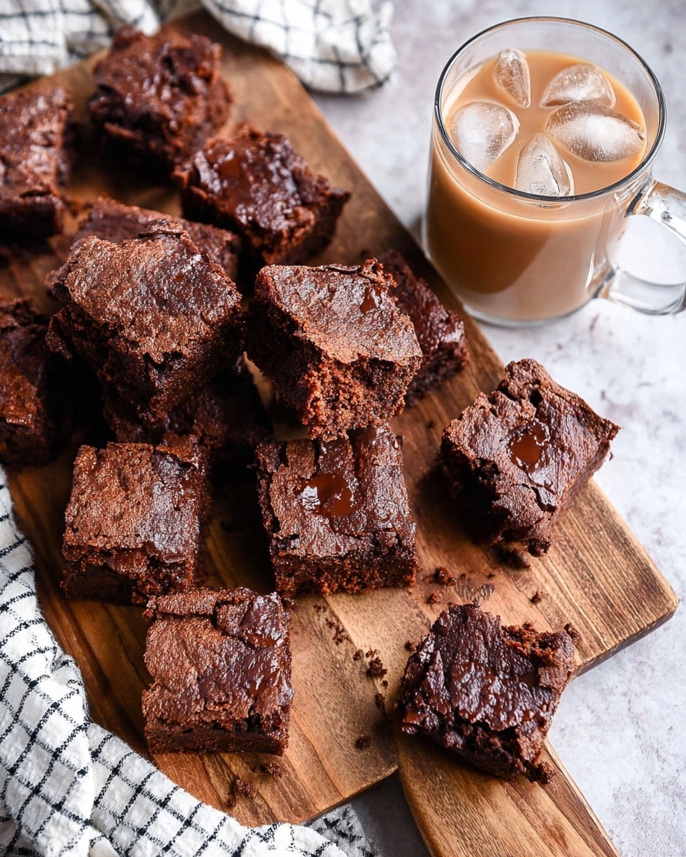 The image shows several square, thick brownies arranged on light brown parchment paper over a white marbled surface. Each brownie is dark brown with a rich, fudgy texture, and there is a glossy layer of melted chocolate swirled on top. A few chocolate chips are scattered around the brownies. The top of the brownies is sprinkled lightly with coarse sea salt, adding a slight contrast to the dark chocolate. The brownies have a moist and dense look, and one brownie is positioned closer to the camera, making the texture and shiny surface details very clear. Photo taken with an iphone --ar 4:5 --v 7
