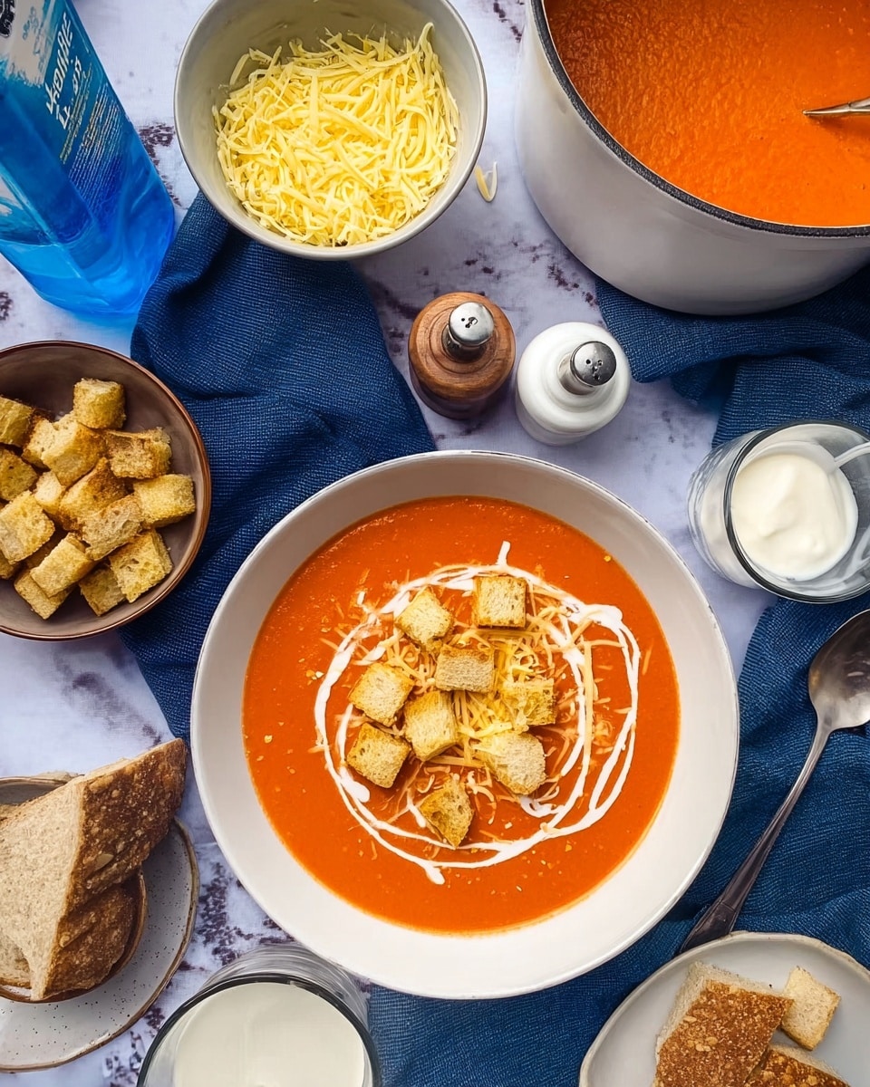 A white bowl in the center holds bright orange creamy tomato soup, topped with a swirl of white cream, thin shredded light yellow cheese in the middle, and several golden-brown croutons scattered on top. Surrounding the bowl are different dishes on a white marbled surface covered by a blue cloth: a white pot filled with the same orange soup, a white bowl with shredded pale yellow cheese, a brown bowl with more croutons, a spoon with a silver handle, a white container of cream, a salt container, a pepper grinder, and a piece of brown bread on a white plate. Photo taken with an iphone --ar 4:5 --v 7