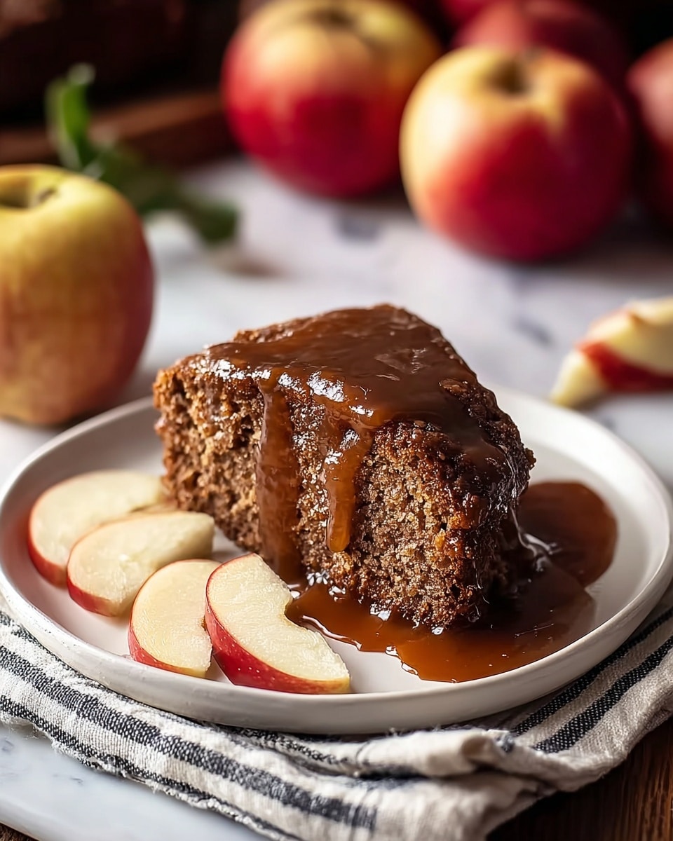 The image shows a small clear glass jar filled with chunky brown apple jam or sauce, with a spoon lifting a scoop of the jam from it, revealing a glossy, thick texture. Behind the jar are two larger clear glass jars, also filled with the same brown jam, placed on a white marbled surface. One jam jar has a silver lid while the other one is open. There are a couple of fresh apples and a cinnamon stick resting on the surface near the jars. A floral cloth is partially visible in the background. The overall color tones are warm with shades of brown, red, and orange. Photo taken with an iphone --ar 4:5 --v 7